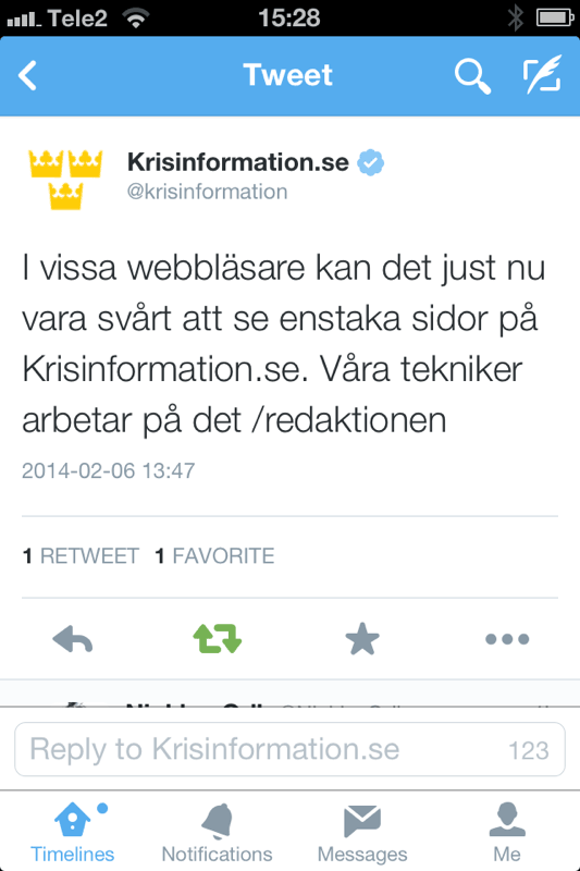 Bild 38: Missöde i Sveriges krisinformation där man inte lyckades ge information till vissa vanliga webbläsare.