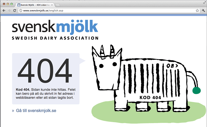 Bild 80: Svensk mjölks 404-sida skiljer sig tydligt från webbplatsens övriga sidor och gör många rätt kring hur en sådan sida ska se ut.