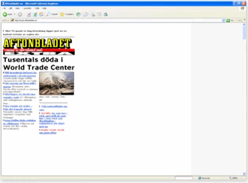 Bild 84: Aftonbladet.se strax efter terrorattentatet 11:e september 2001.