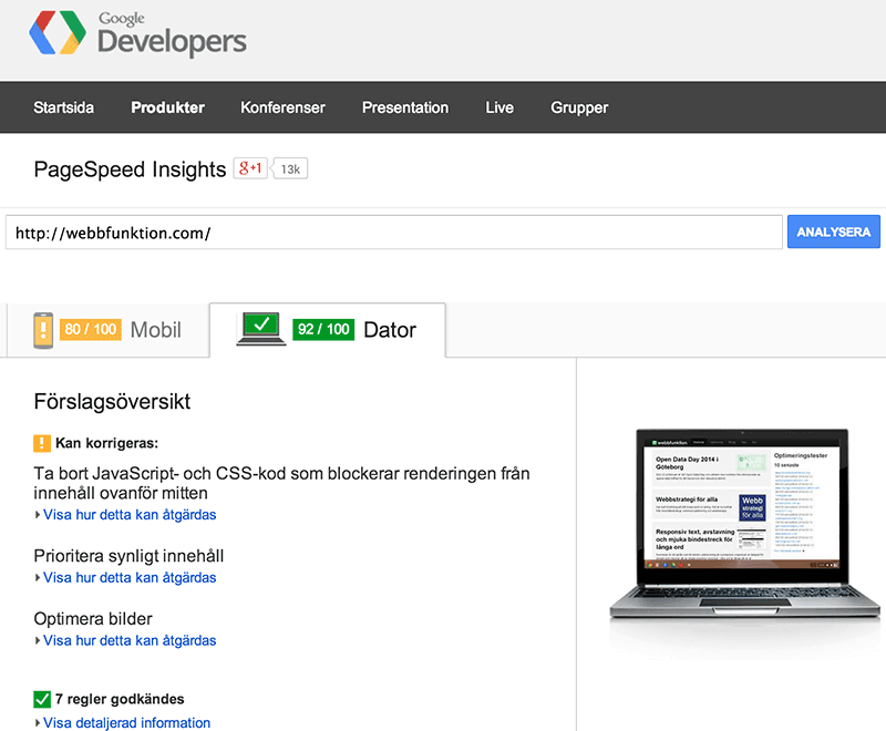 Bild 92: Provkör din sida på Googles tjänst PageSpeed Insights för att få en lista över eventuella förbättringar.